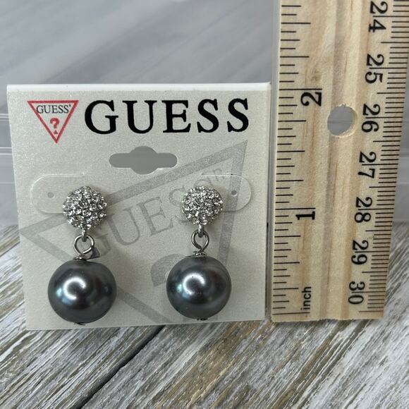 3/$15 GUESS Silver Tone White Pave Rhinestone Gray Faux Pearl Post Earrings - Picture 3 of 3